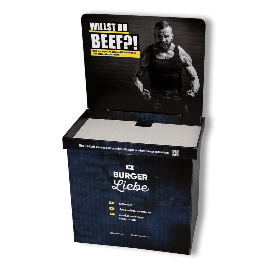 Chep-Display mit waagerechter Fläche und dem Aufdruck "Willst du Beef?" von pod GmbH für Burger Liebe