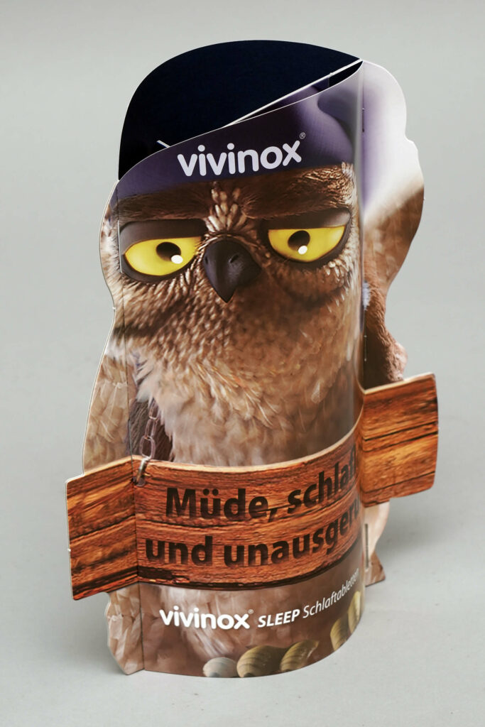 HV-Aufsteller in Form einer Eule für das Medikament Vivinox, produziert von pod GmbH