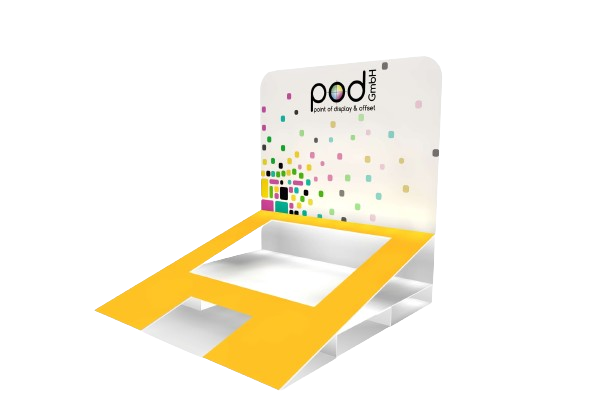 Klappdisplay mit rechteckiger Aussparung als Modellbild mit Logo von pod GmbH