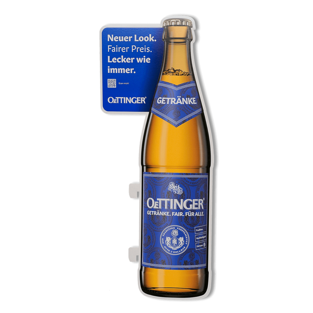 Oettinger Bierflasche aus Pappe als Kastenstecker, produziert von pod Display GmbH